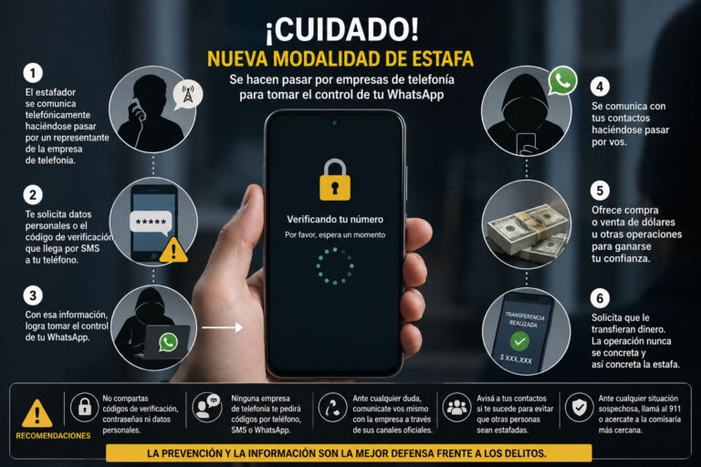 ALERTA A LA POBLACIÓN POR ESTAFAS MEDIANTE SUPLANTACIÓN DE IDENTIDAD Y TOMA DE CUENTAS DE WHATSAPP